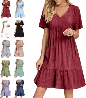 2025 Women's Summer Dresses Vacation Short Sleeve v Neck Mini T Shirt Dress Pleated Ruffle Flowy Tiered Beach Sundresses
