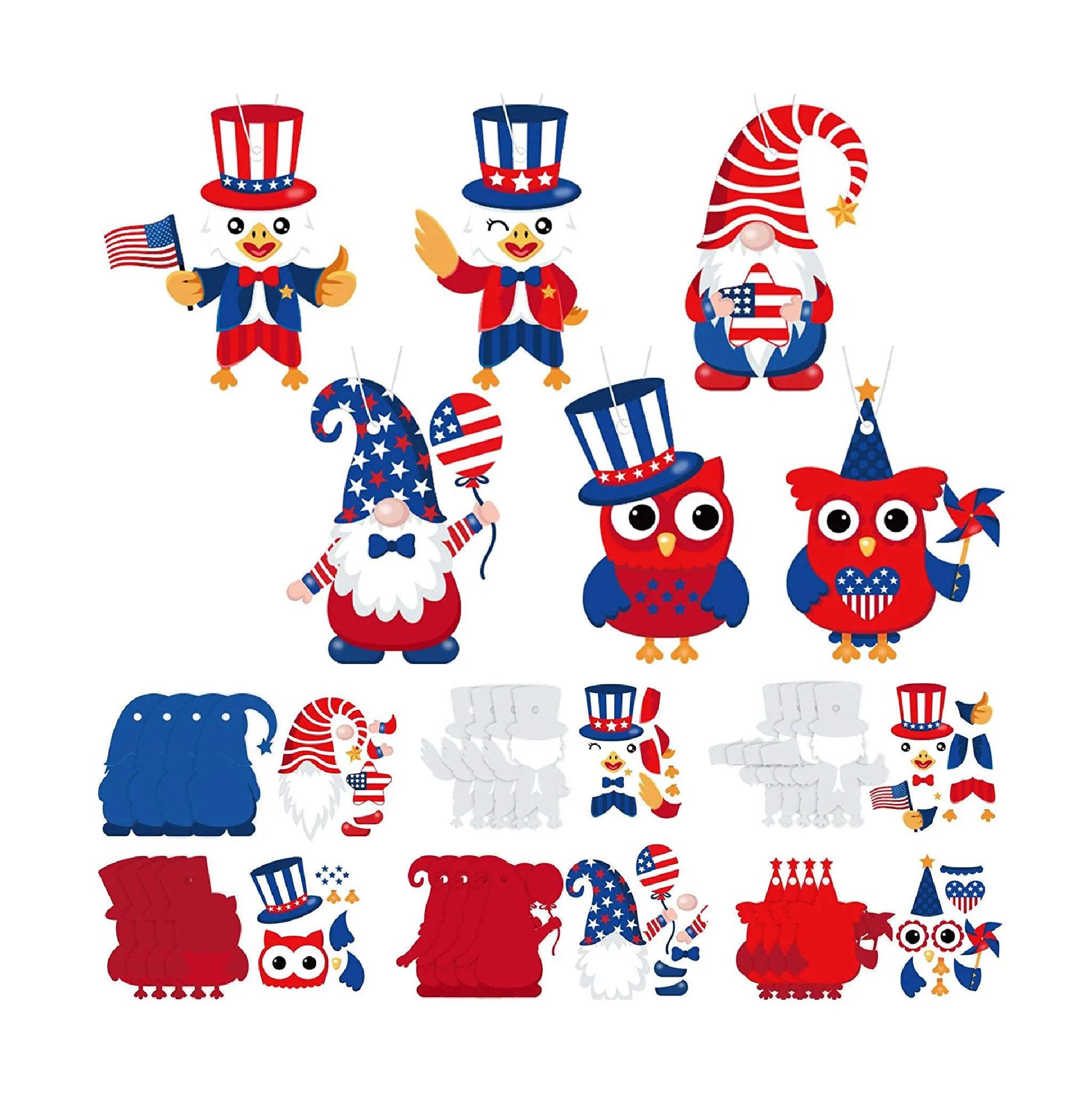 24 Sets 4th of July Patriotic Owl Craft for Kids Patriotic Owl Ornaments Party Decoration DIY Craft Kit Assorted Owl Cutouts Red White Blue Independence