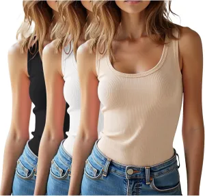 3 Pieces Womens Sleeveless Ribbed Tank Tops Summer Casual Basic Slim Fit Racerback Top Shirts