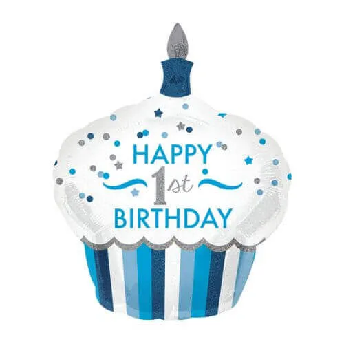 36" 1st Birthday Cupcake Holographic Mylar Balloon - Blue - SS8