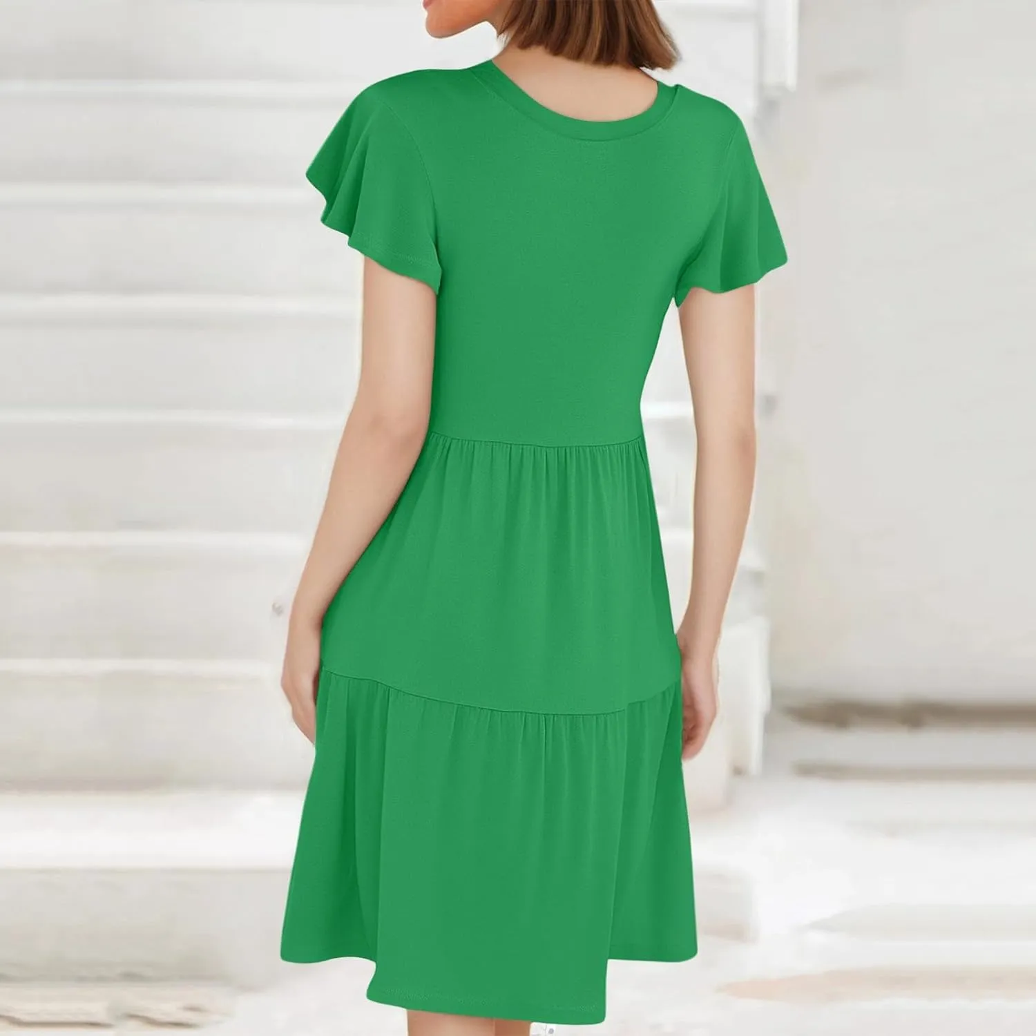 ADHOWBEW Dresses for Women 2025 Vacation Elegant O Neck Casual Trendy Floral Empire Waist Short Sleeve Dresses