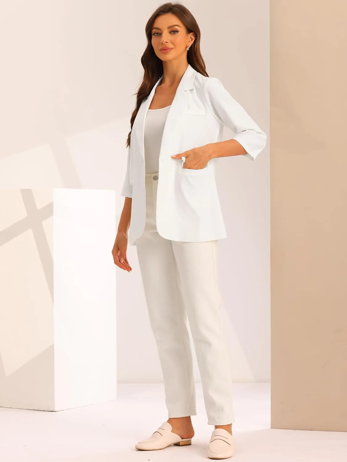 Allegra K Work Office 3/4 Sleeve Business Casual Outfits Blazers for Women's Lapel Collar Dressy Casual Suit Jacket