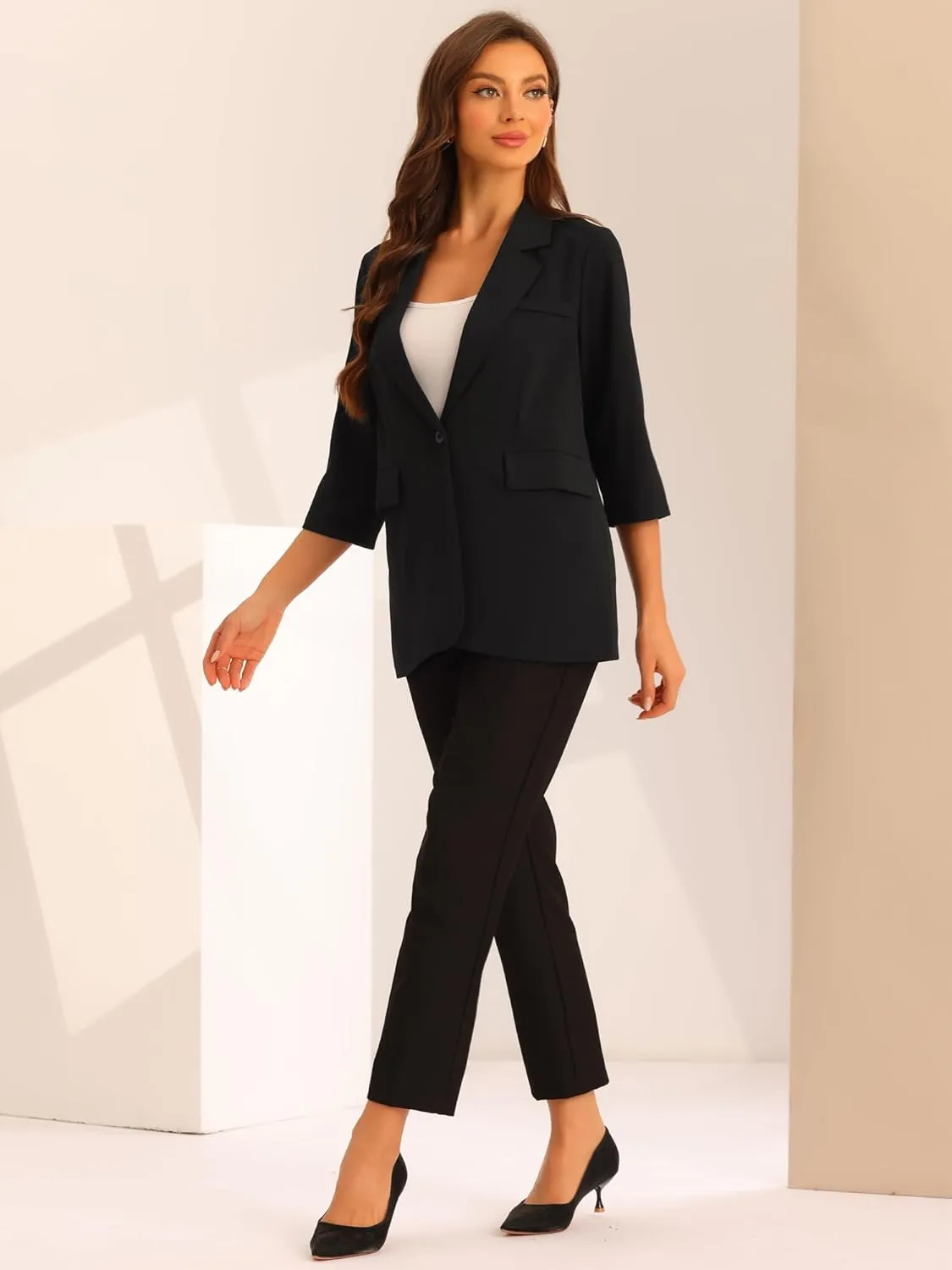 Allegra K Work Office 3/4 Sleeve Business Casual Outfits Blazers for Women's Lapel Collar Dressy Casual Suit Jacket