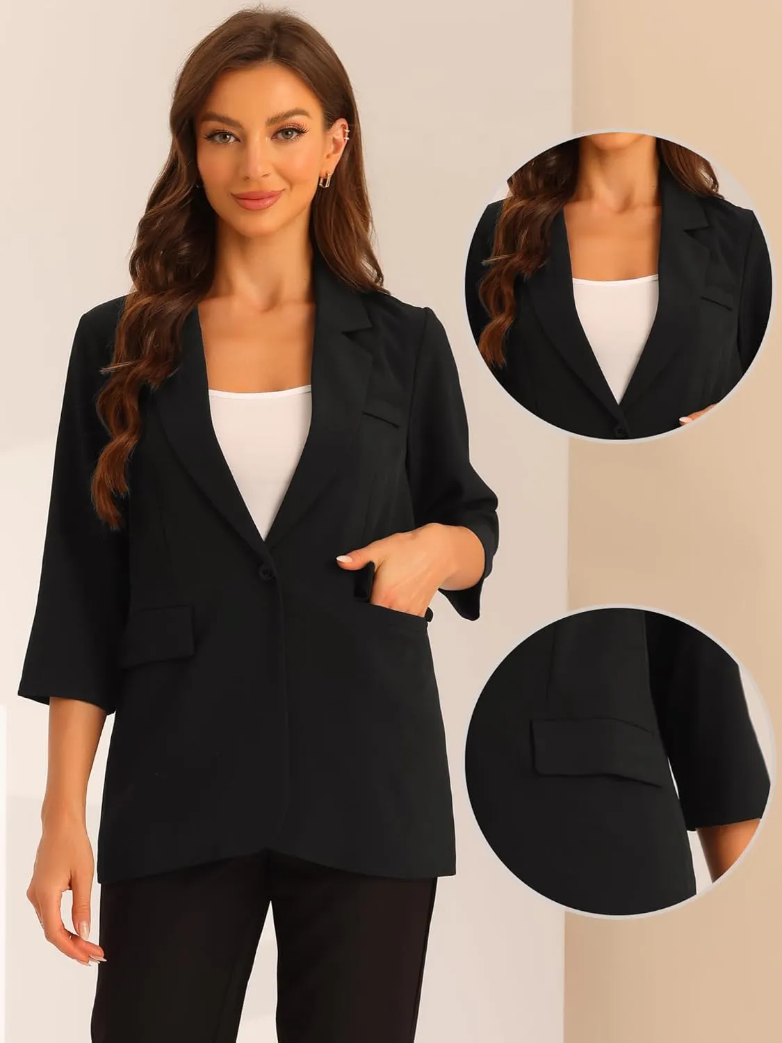 Allegra K Work Office 3/4 Sleeve Business Casual Outfits Blazers for Women's Lapel Collar Dressy Casual Suit Jacket