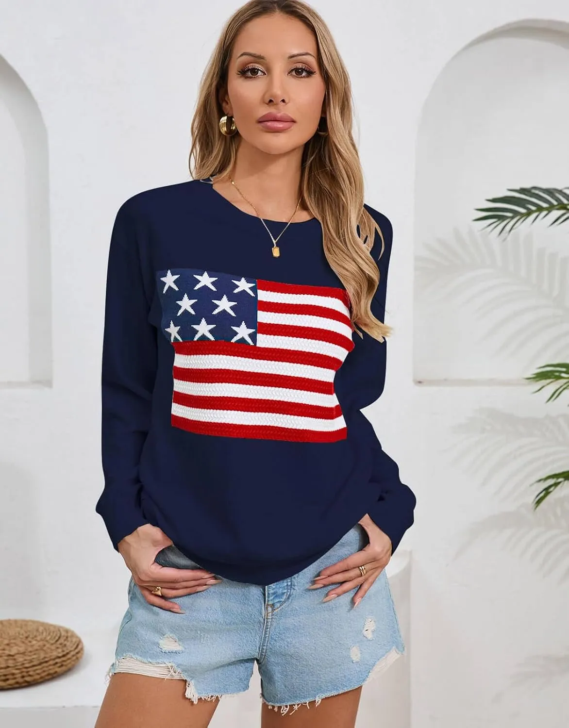 Alsol Lamesa Womens American Flag Sweater Soft Lightweight Long Sleeve Crew Neck Pullover Sweaters