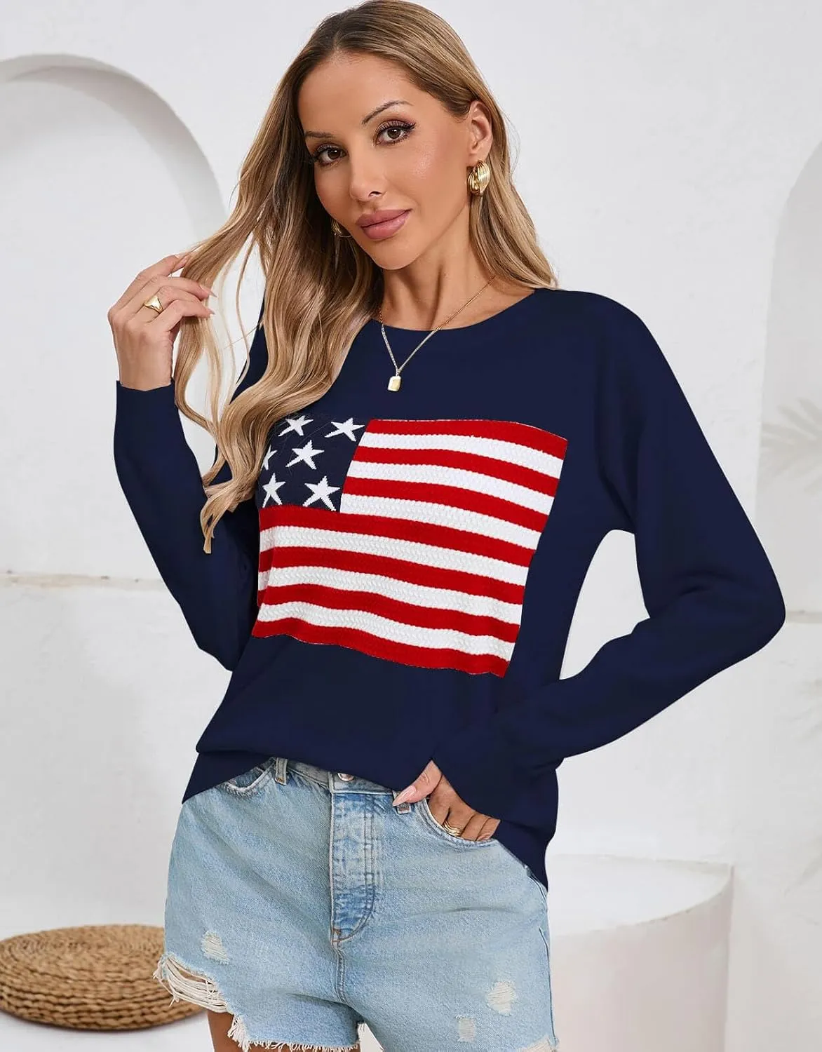 Alsol Lamesa Womens American Flag Sweater Soft Lightweight Long Sleeve Crew Neck Pullover Sweaters