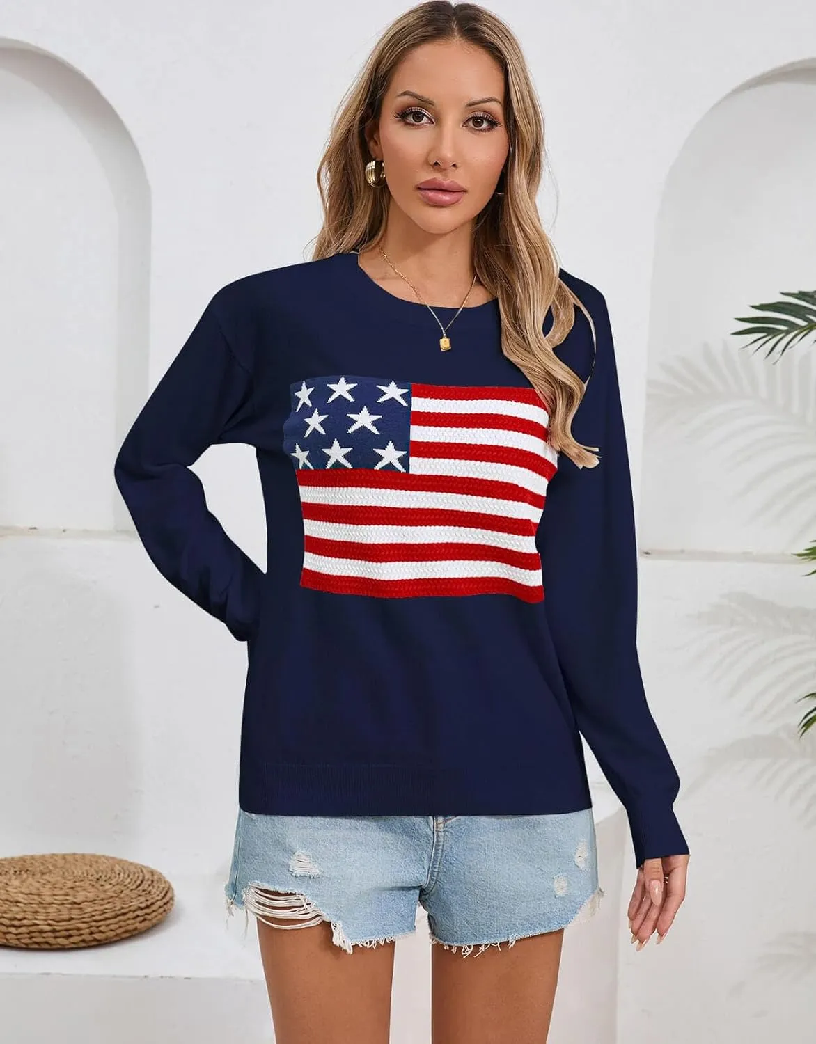 Alsol Lamesa Womens American Flag Sweater Soft Lightweight Long Sleeve Crew Neck Pullover Sweaters