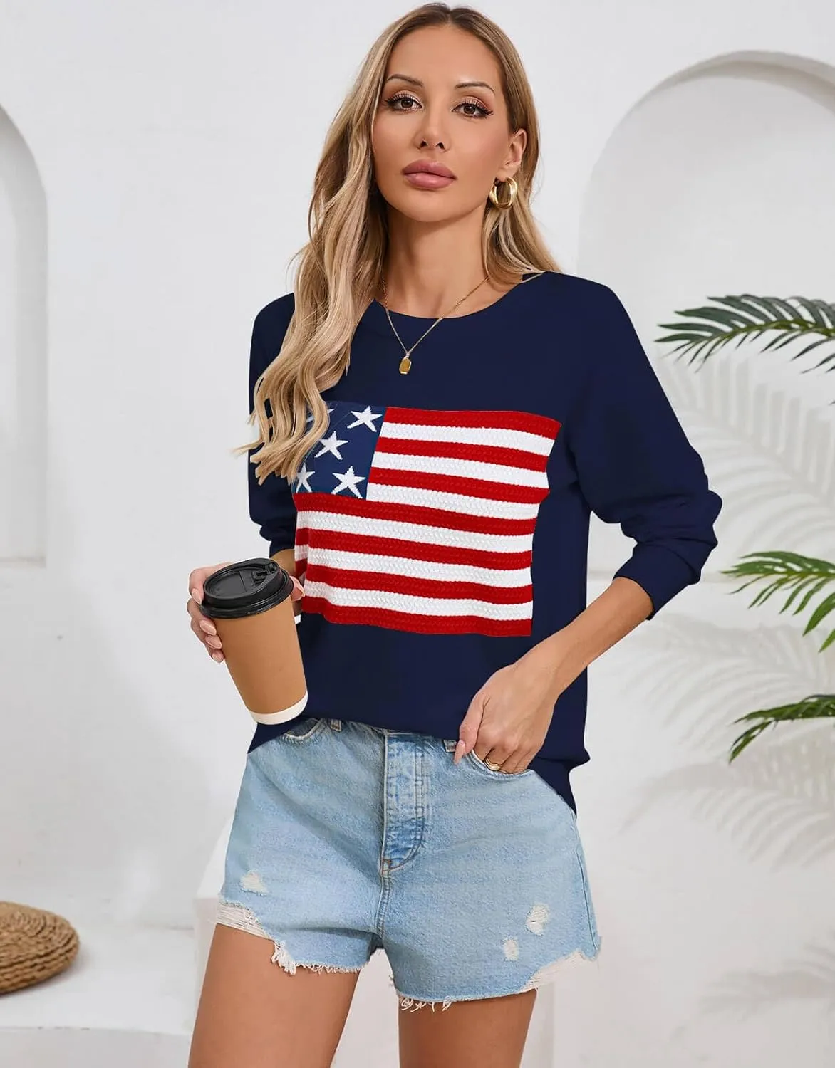 Alsol Lamesa Womens American Flag Sweater Soft Lightweight Long Sleeve Crew Neck Pullover Sweaters