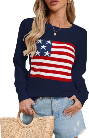 Alsol Lamesa Womens American Flag Sweater Soft Lightweight Long Sleeve Crew Neck Pullover Sweaters