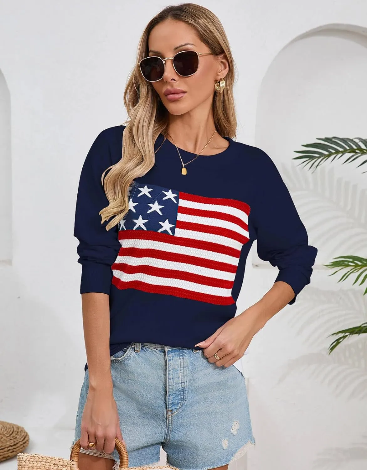 Alsol Lamesa Womens American Flag Sweater Soft Lightweight Long Sleeve Crew Neck Pullover Sweaters