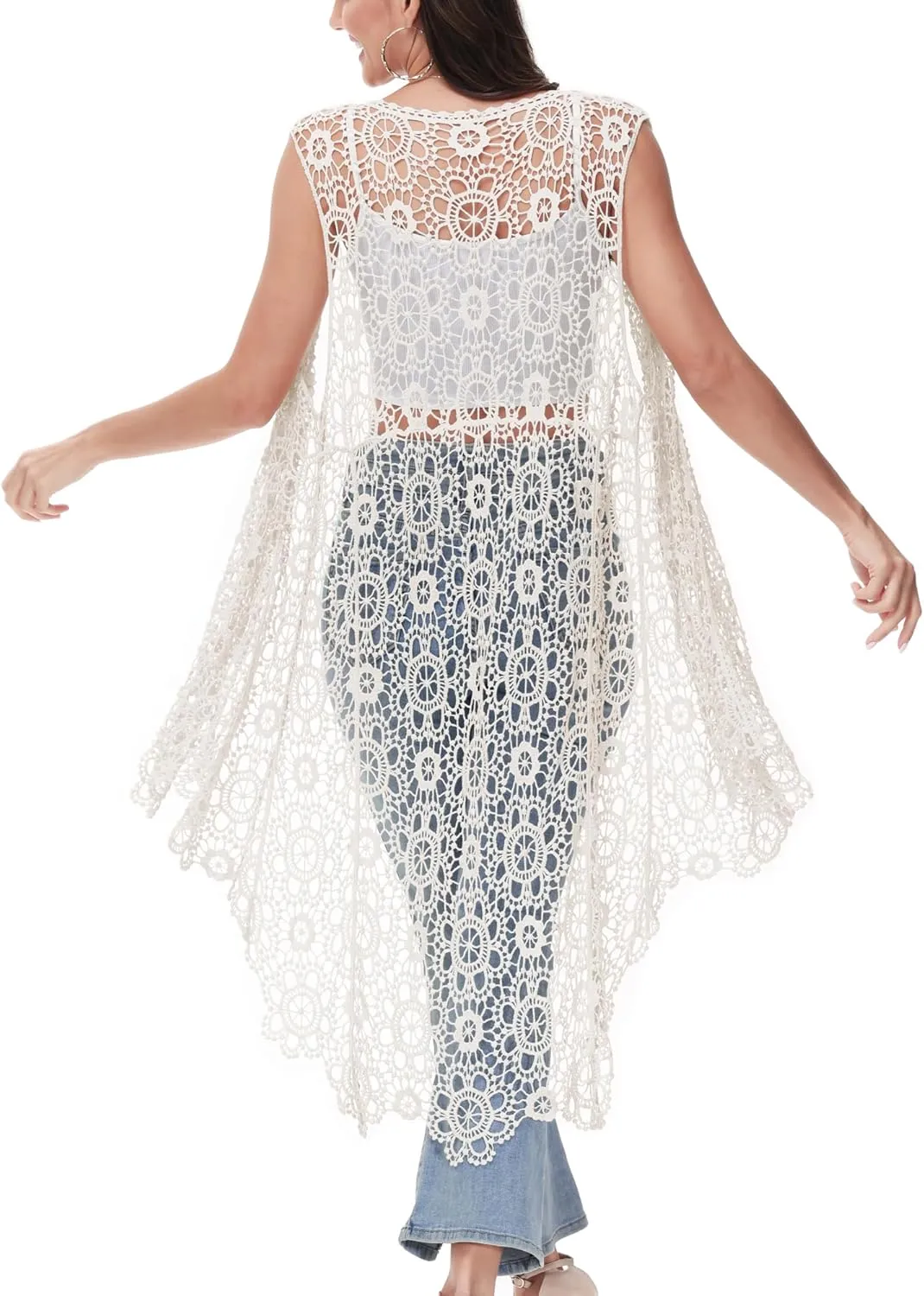 Anna-Kaci Boho Crochet Long Vest Top for Women Sleeveless Lace Cardigan Kimono Swimwear Cover Ups