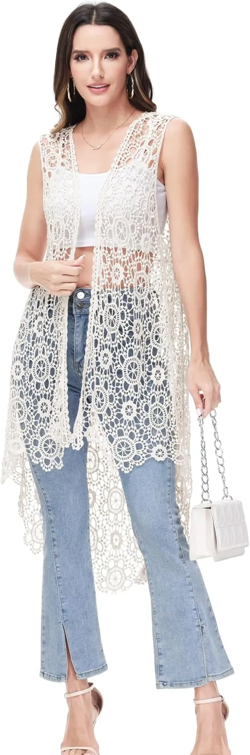 Anna-Kaci Boho Crochet Long Vest Top for Women Sleeveless Lace Cardigan Kimono Swimwear Cover Ups