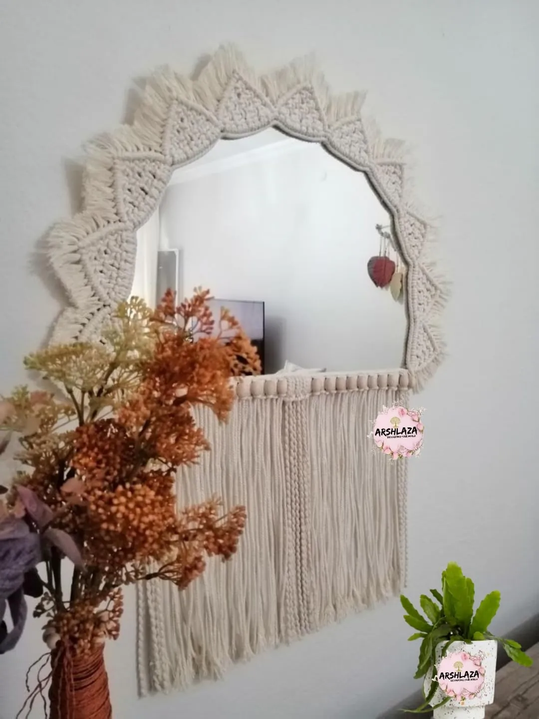 ARSHLAZA Macrame Hanging Wall Mirror with Macrame Round Mirror Art Boho Decor Macrame Decorative Mirror [MR1]