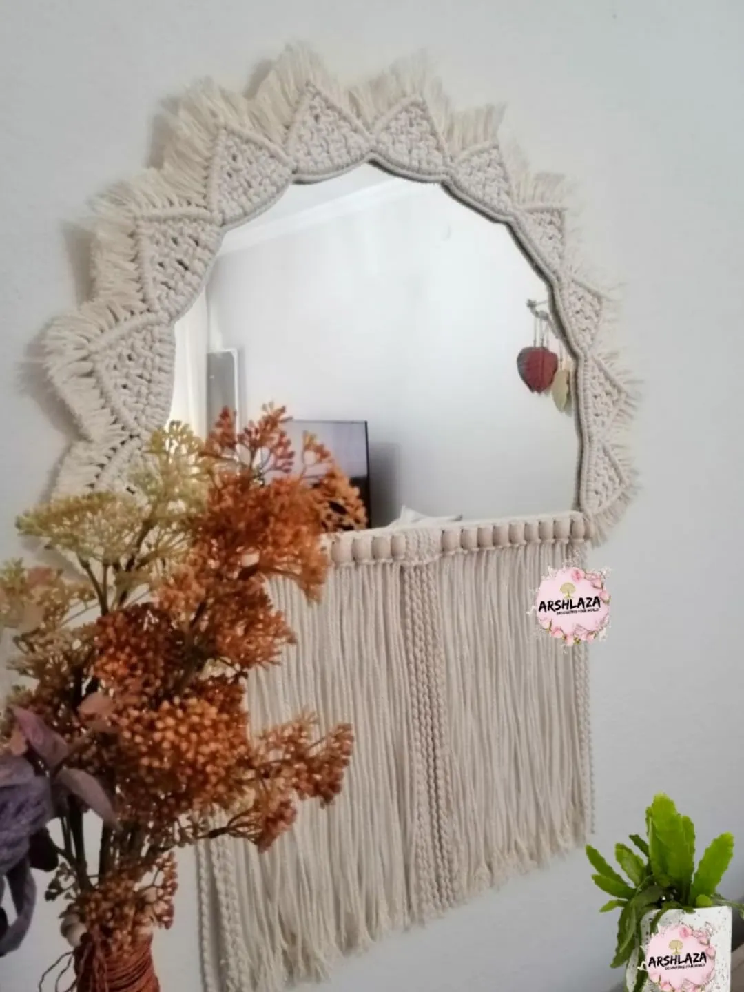 ARSHLAZA Macrame Hanging Wall Mirror with Macrame Round Mirror Art Boho Decor Macrame Decorative Mirror [MR1]