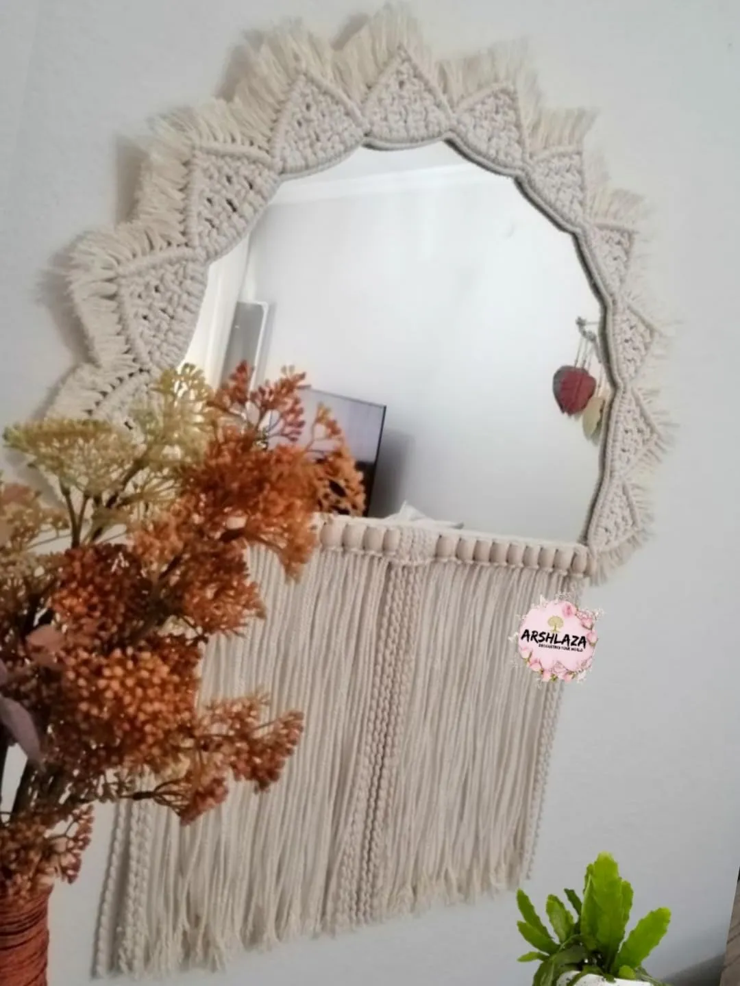 ARSHLAZA Macrame Hanging Wall Mirror with Macrame Round Mirror Art Boho Decor Macrame Decorative Mirror [MR1]