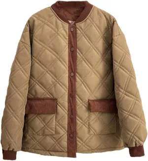 Autumn Winter Cotton-Padded Baseball Coat Women's Corduroy Splicing Argyle Warm Parka