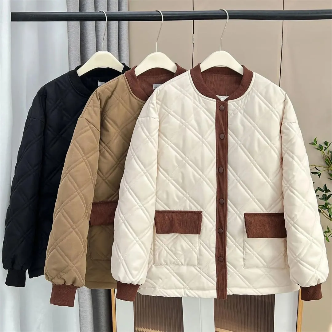 Autumn Winter Cotton-Padded Baseball Coat Women's Corduroy Splicing Argyle Warm Parka