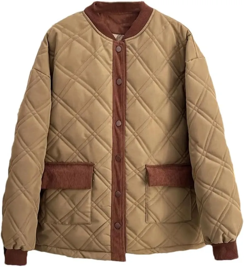 Autumn Winter Cotton-Padded Baseball Coat Women's Corduroy Splicing Argyle Warm Parka