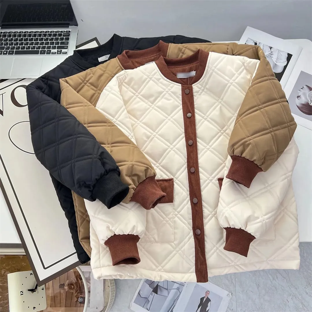 Autumn Winter Cotton-Padded Baseball Coat Women's Corduroy Splicing Argyle Warm Parka