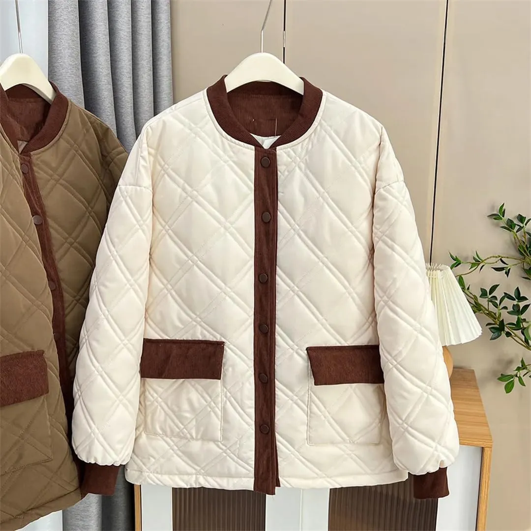Autumn Winter Cotton-Padded Baseball Coat Women's Corduroy Splicing Argyle Warm Parka