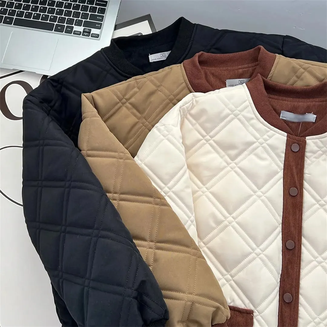 Autumn Winter Cotton-Padded Baseball Coat Women's Corduroy Splicing Argyle Warm Parka