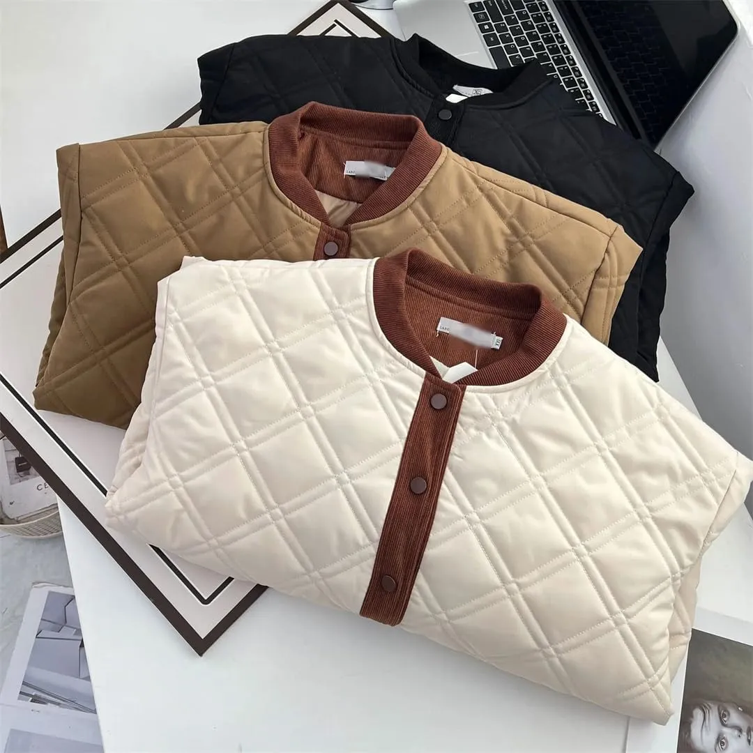 Autumn Winter Cotton-Padded Baseball Coat Women's Corduroy Splicing Argyle Warm Parka