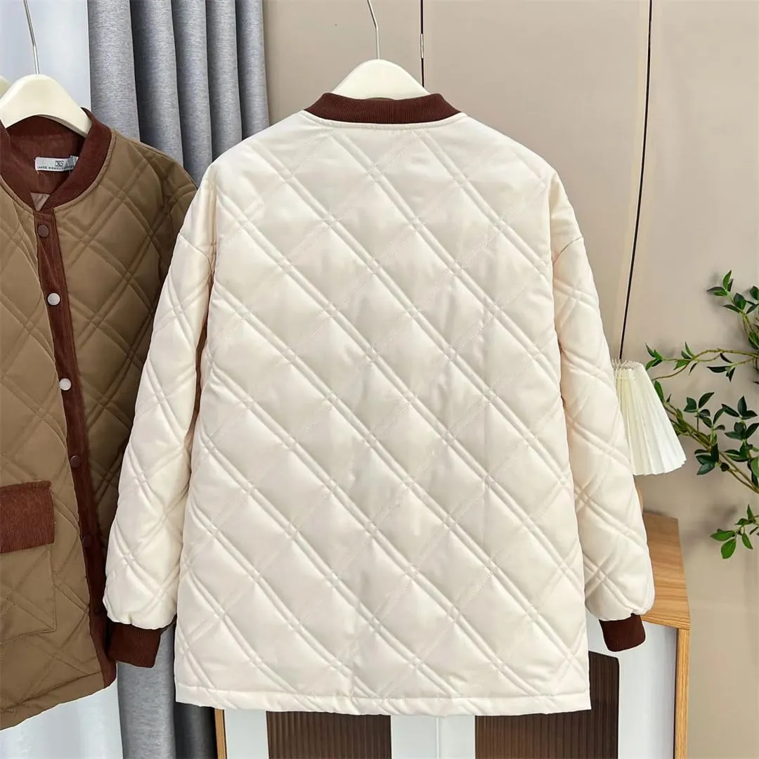 Autumn Winter Cotton-Padded Baseball Coat Women's Corduroy Splicing Argyle Warm Parka