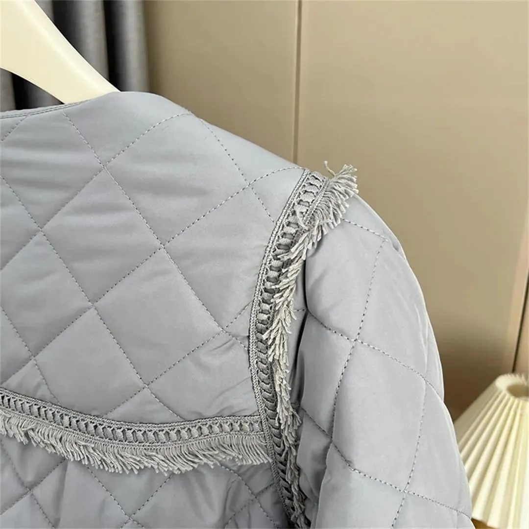 Autumn Winter Crew Neck Tassel Lace Argyle Cotton-Padded Coat Women's Puff Sleeve Warm Parka