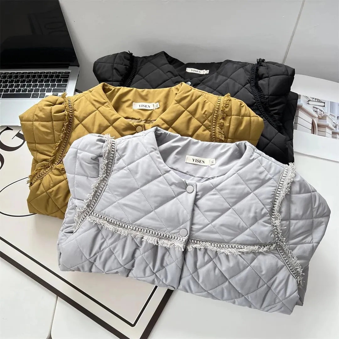 Autumn Winter Crew Neck Tassel Lace Argyle Cotton-Padded Coat Women's Puff Sleeve Warm Parka