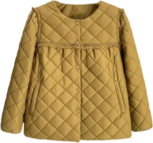 Autumn Winter Crew Neck Tassel Lace Argyle Cotton-Padded Coat Women's Puff Sleeve Warm Parka