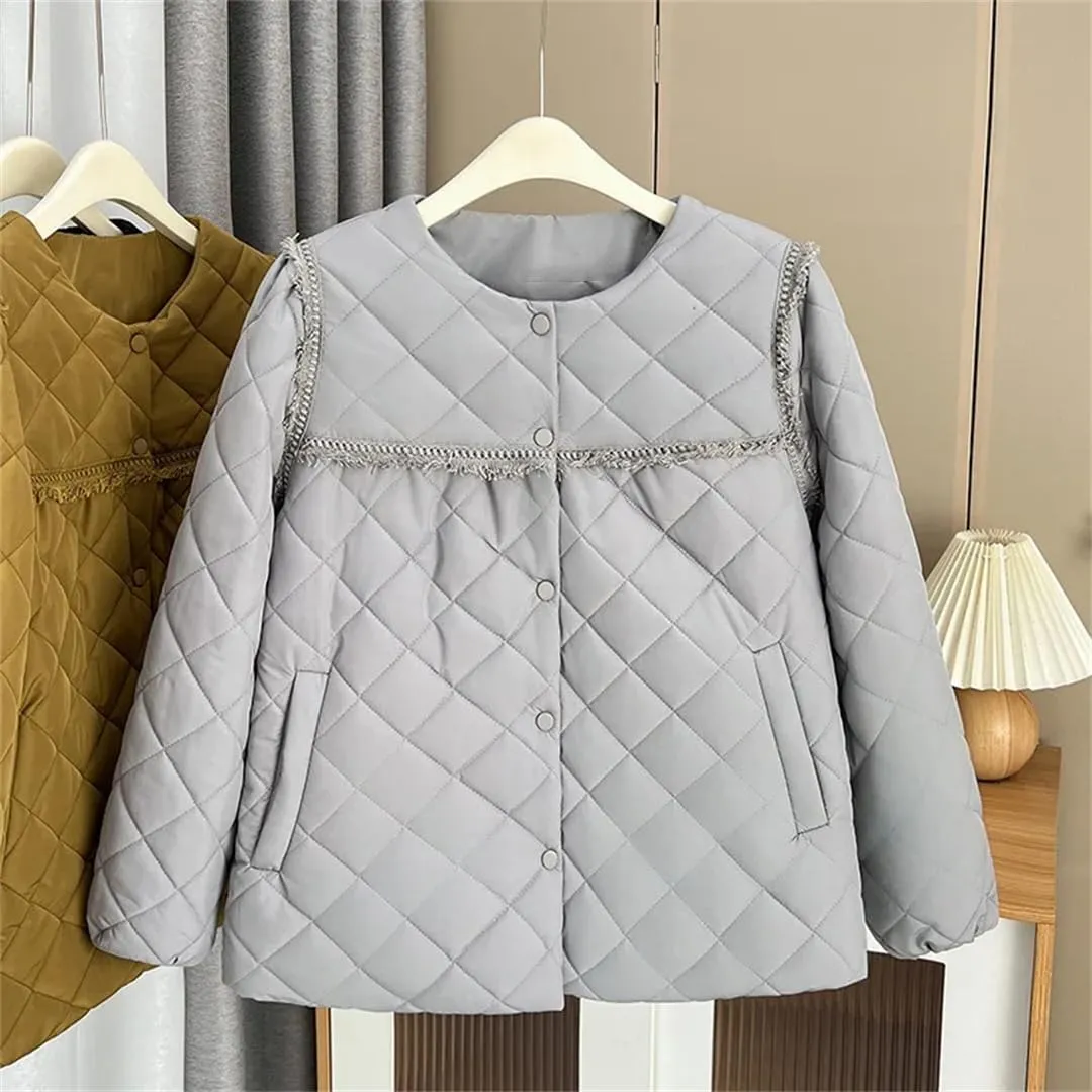 Autumn Winter Crew Neck Tassel Lace Argyle Cotton-Padded Coat Women's Puff Sleeve Warm Parka