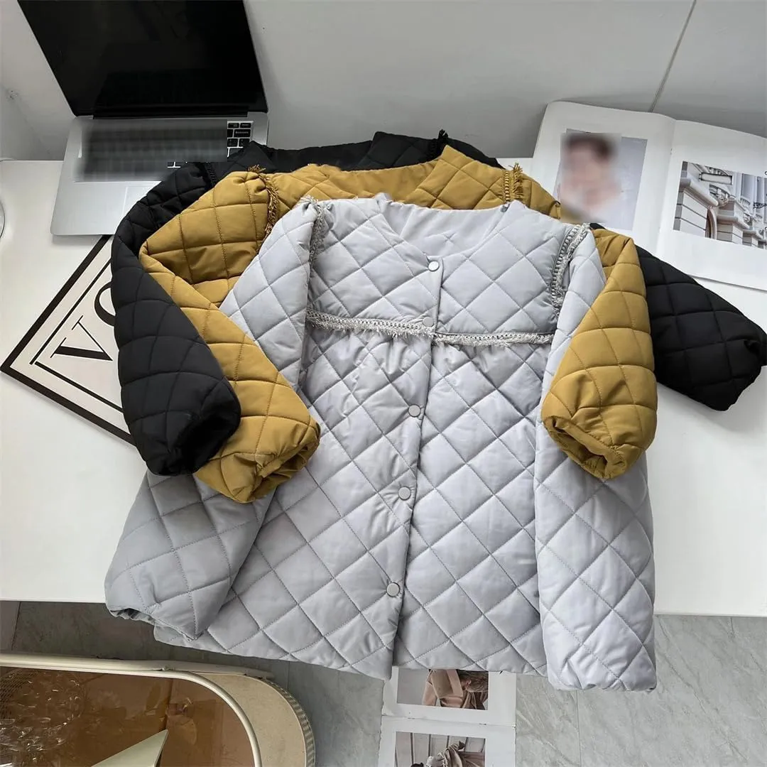 Autumn Winter Crew Neck Tassel Lace Argyle Cotton-Padded Coat Women's Puff Sleeve Warm Parka