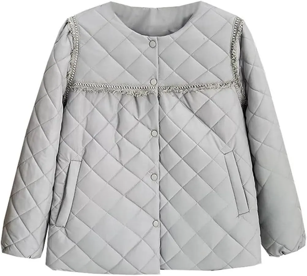 Autumn Winter Crew Neck Tassel Lace Argyle Cotton-Padded Coat Women's Puff Sleeve Warm Parka