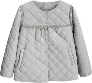 Autumn Winter Crew Neck Tassel Lace Argyle Cotton-Padded Coat Women's Puff Sleeve Warm Parka