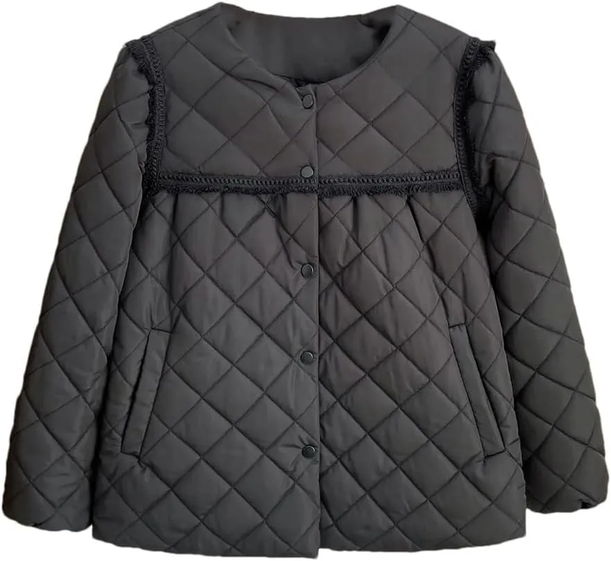Autumn Winter Crew Neck Tassel Lace Argyle Cotton-Padded Coat Women's Puff Sleeve Warm Parka