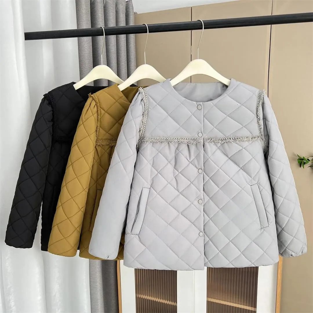 Autumn Winter Crew Neck Tassel Lace Argyle Cotton-Padded Coat Women's Puff Sleeve Warm Parka