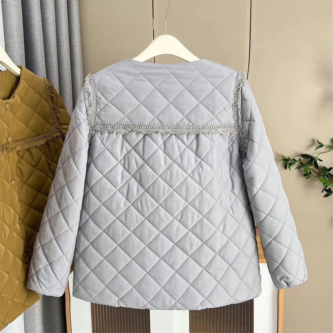 Autumn Winter Crew Neck Tassel Lace Argyle Cotton-Padded Coat Women's Puff Sleeve Warm Parka