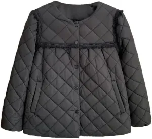 Autumn Winter Crew Neck Tassel Lace Argyle Cotton-Padded Coat Women's Puff Sleeve Warm Parka