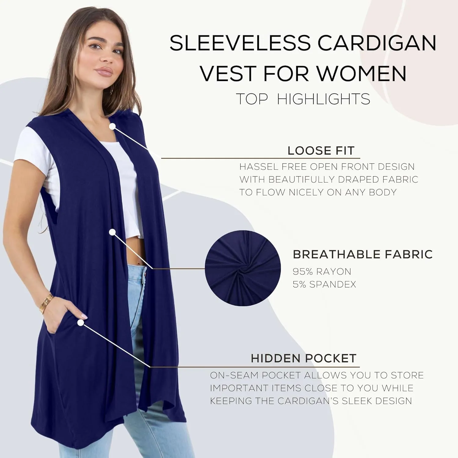 Azules Sleeveless Long Cardigans for Women with Side Pockets - Summer Vest Open Front Light Women's Cardigan Dressy Blazer
