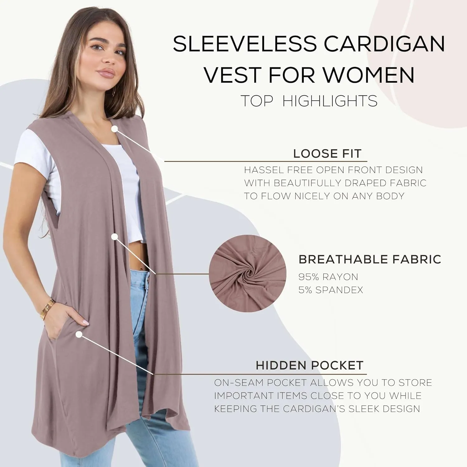 Azules Sleeveless Long Cardigans for Women with Side Pockets - Summer Vest Open Front Light Women's Cardigan Dressy Blazer