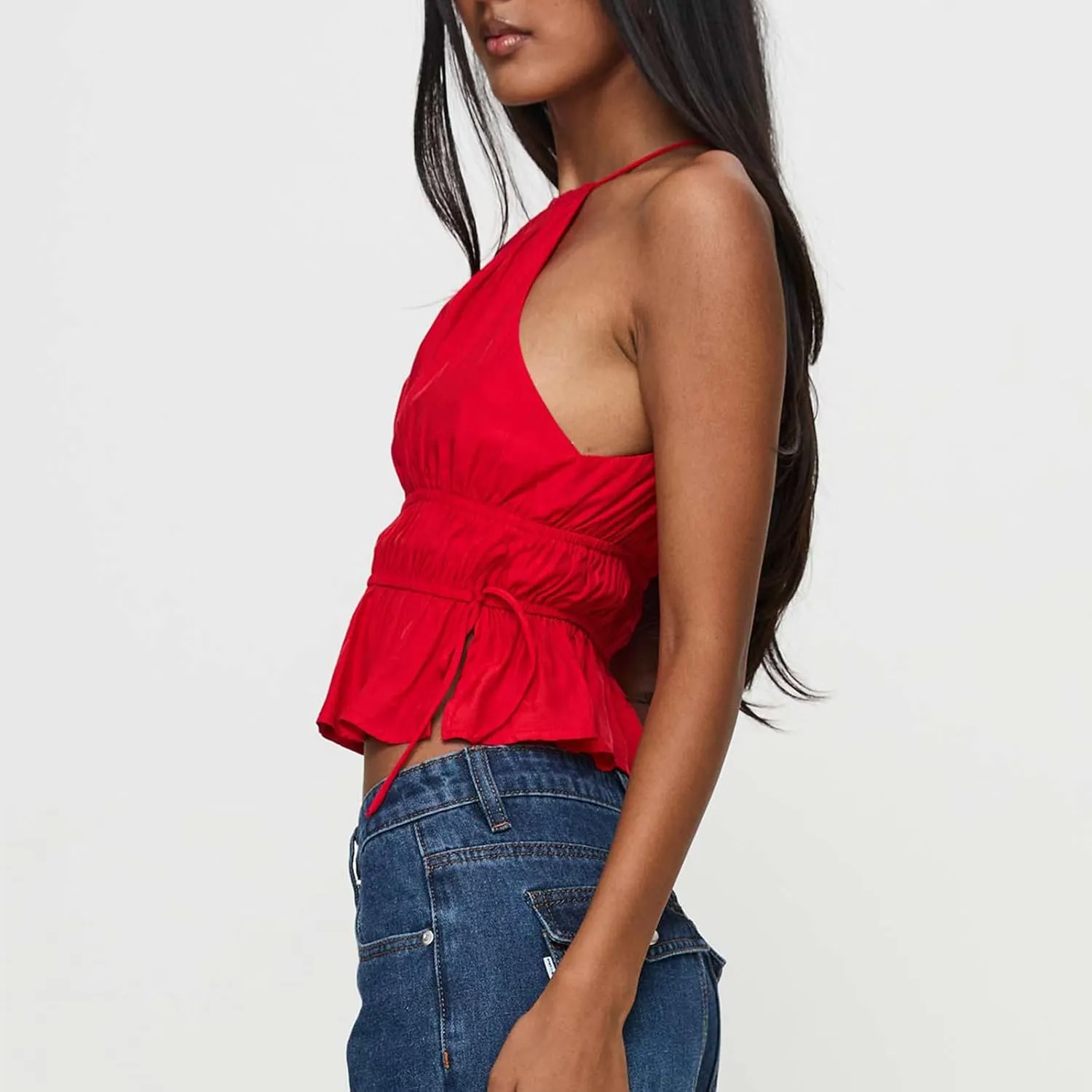 Backless Halter Tops for Women Y2k Tie Back Ruffle Cami Top Sleeveless Smocked Going Out Tank Vest