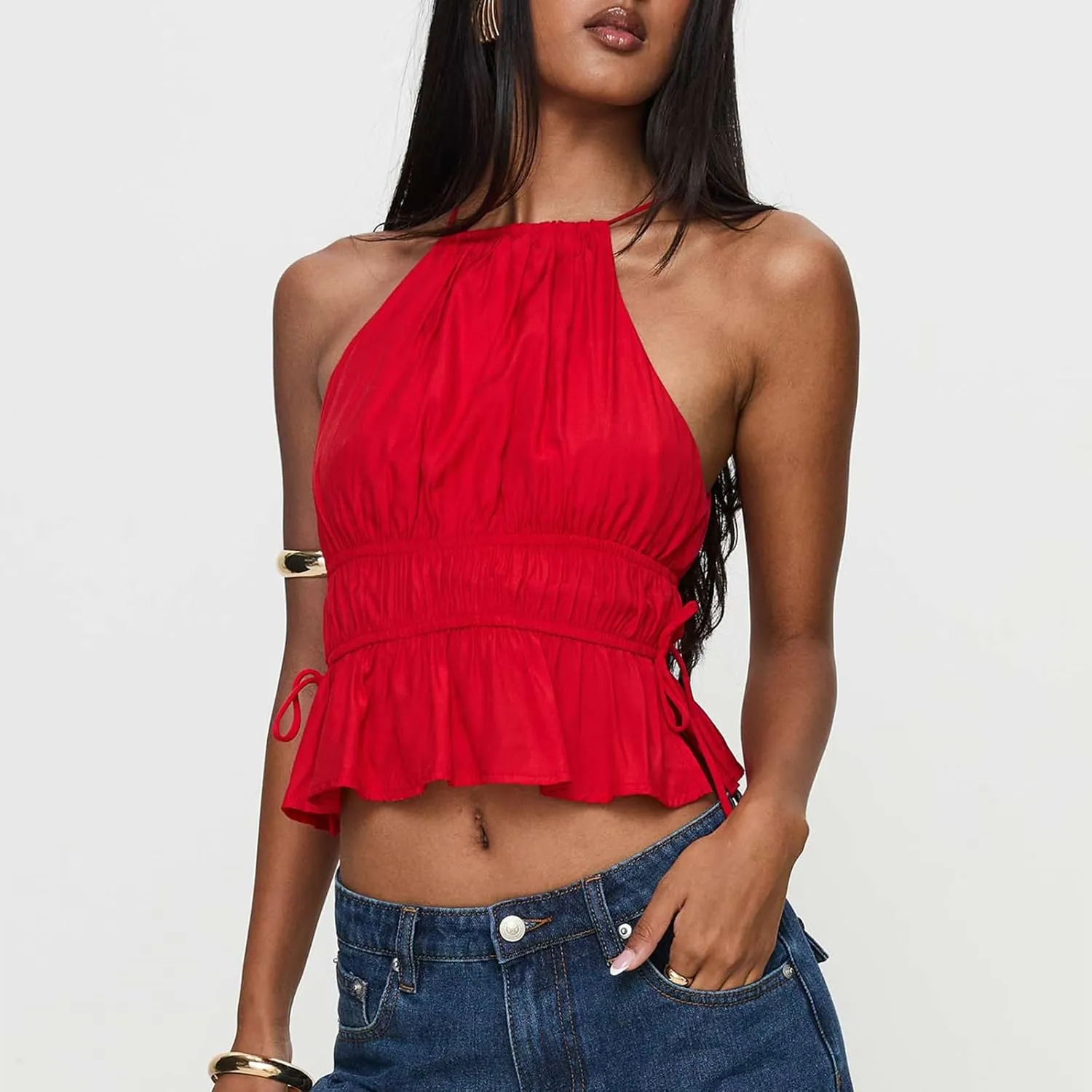 Backless Halter Tops for Women Y2k Tie Back Ruffle Cami Top Sleeveless Smocked Going Out Tank Vest