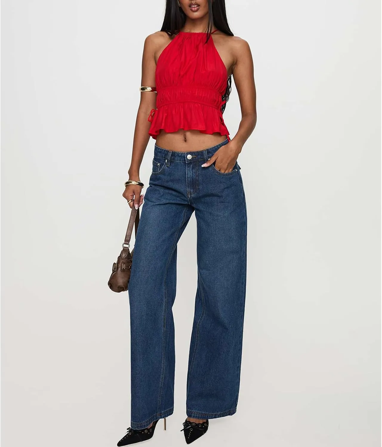 Backless Halter Tops for Women Y2k Tie Back Ruffle Cami Top Sleeveless Smocked Going Out Tank Vest