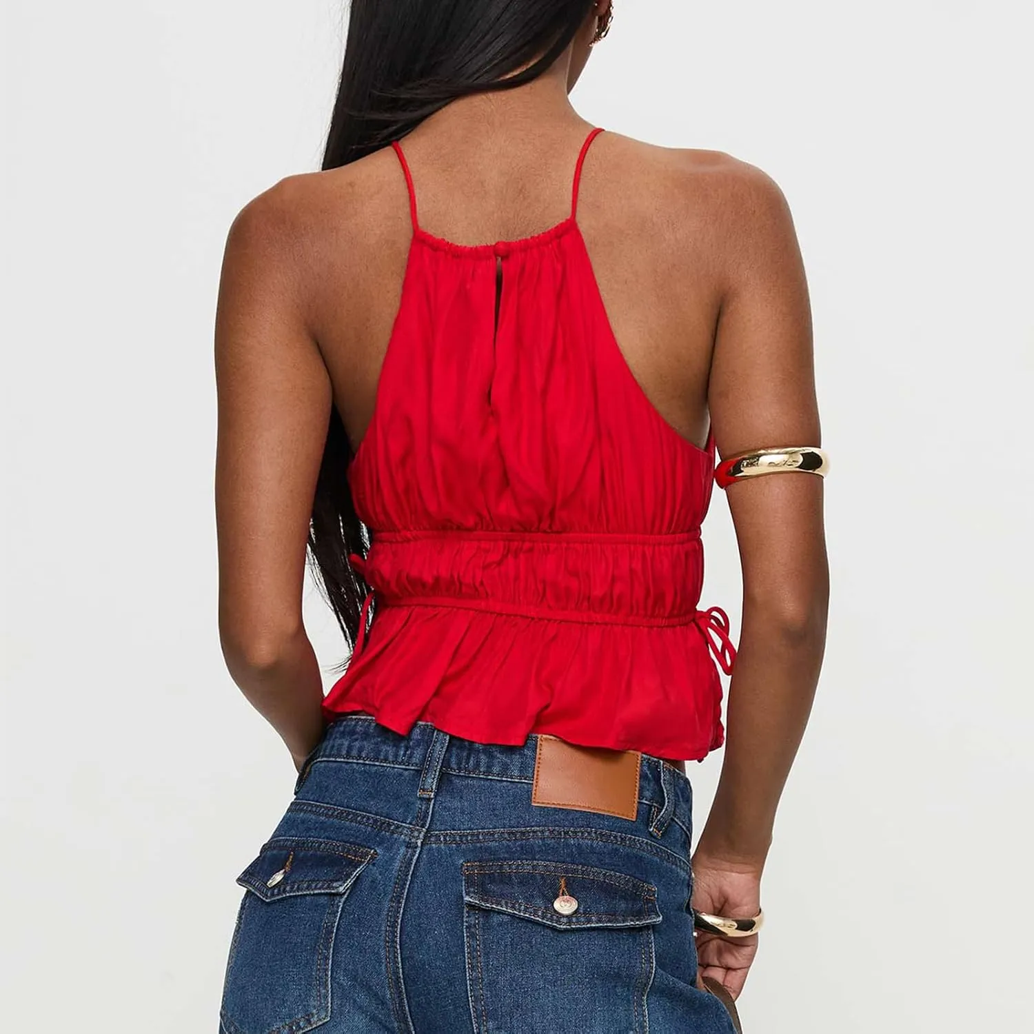 Backless Halter Tops for Women Y2k Tie Back Ruffle Cami Top Sleeveless Smocked Going Out Tank Vest