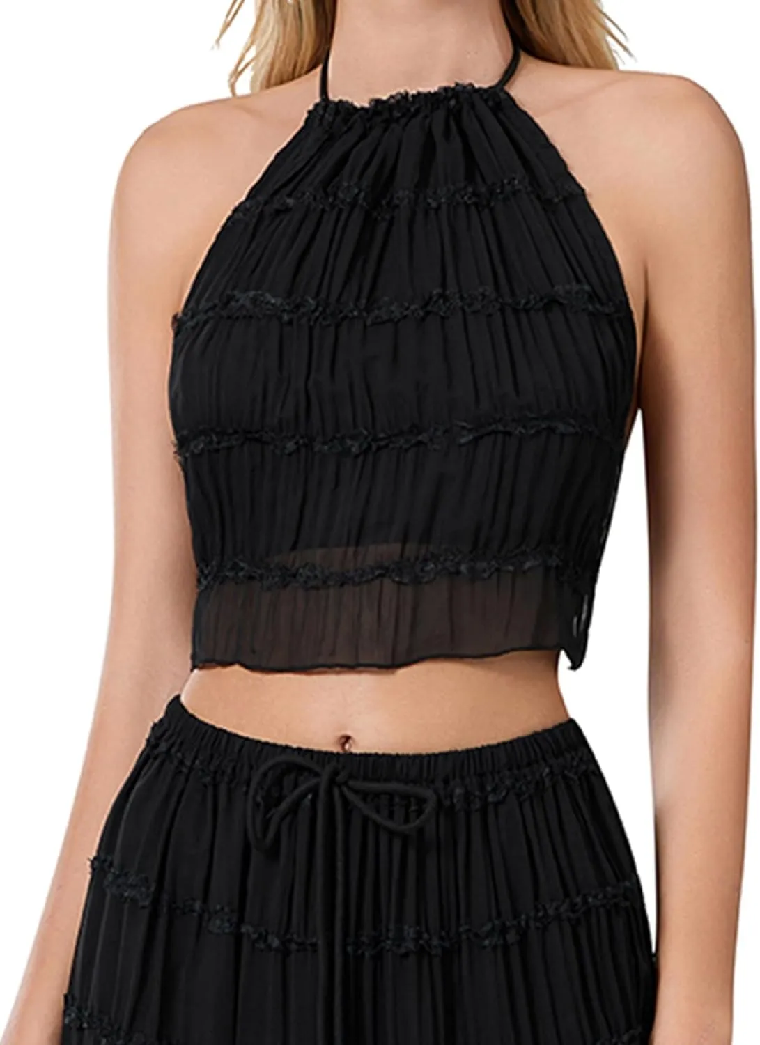 Backless Halter Tops for Women Y2k Tie Back Ruffle Cami Top Sleeveless Smocked Going Out Tank Vest