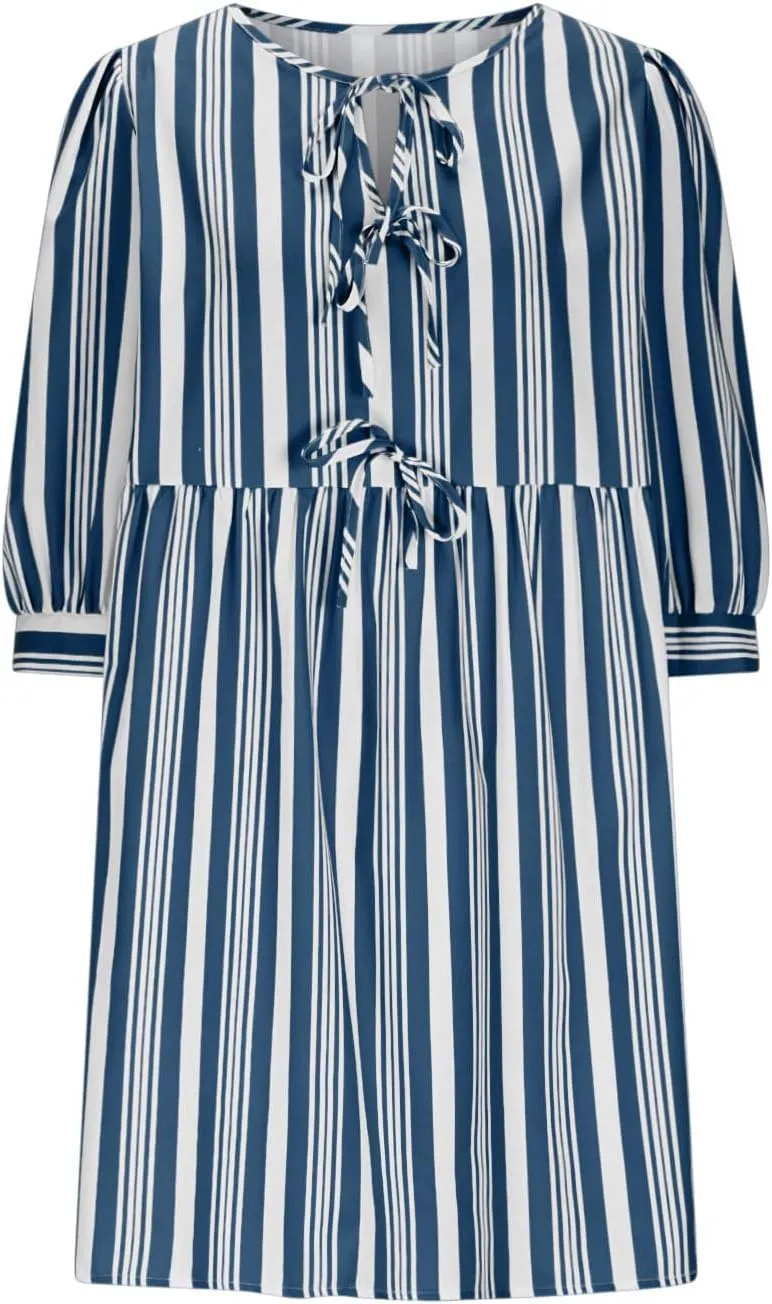 Beach Dress 2025 Women Hollow Out Three Quarter Sleeve Babydoll Dresses Elegant Tie Front Striped Mini Dresses