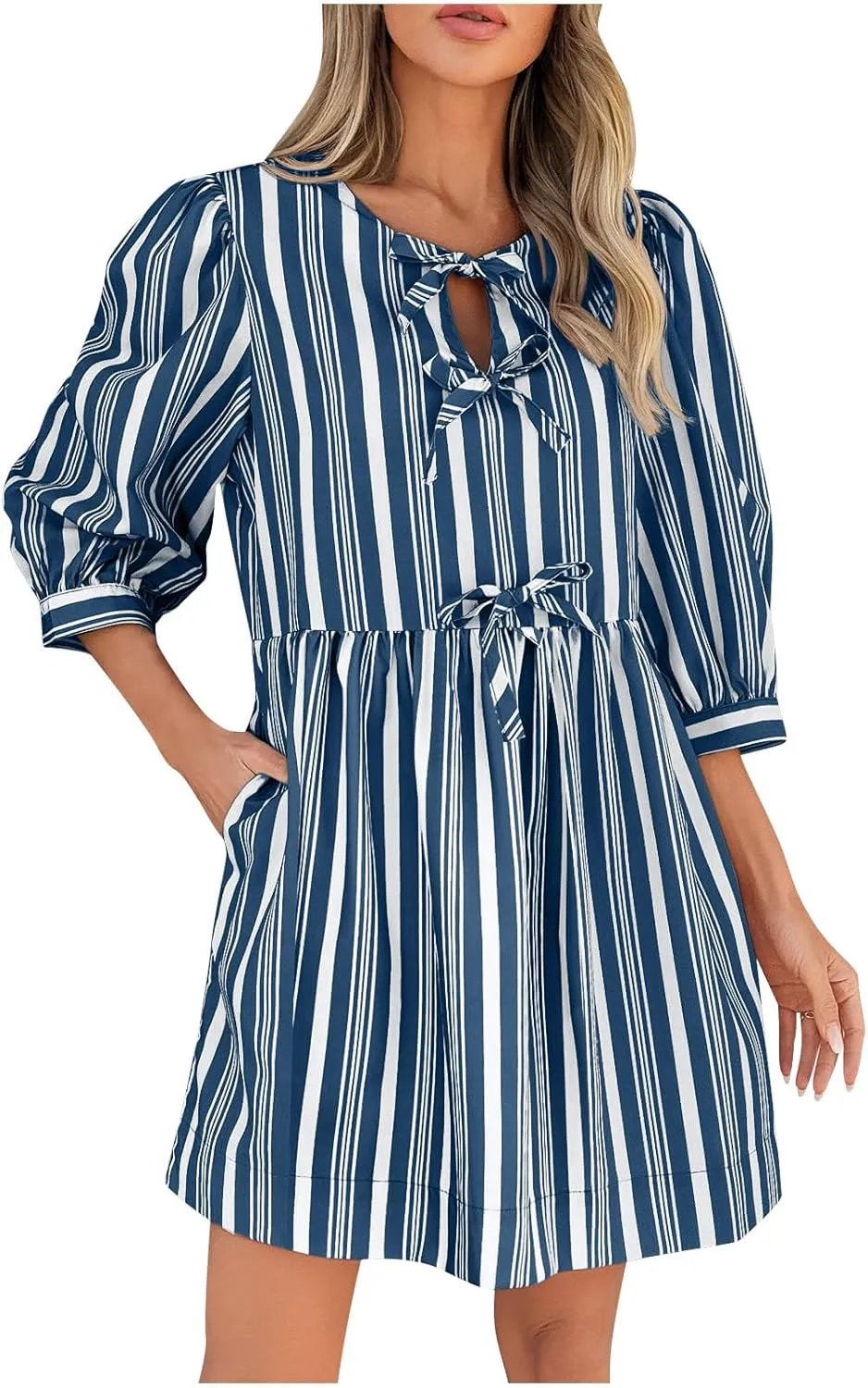 Beach Dress 2025 Women Hollow Out Three Quarter Sleeve Babydoll Dresses Elegant Tie Front Striped Mini Dresses