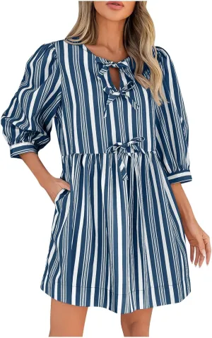 Beach Dress 2025 Women Hollow Out Three Quarter Sleeve Babydoll Dresses Elegant Tie Front Striped Mini Dresses