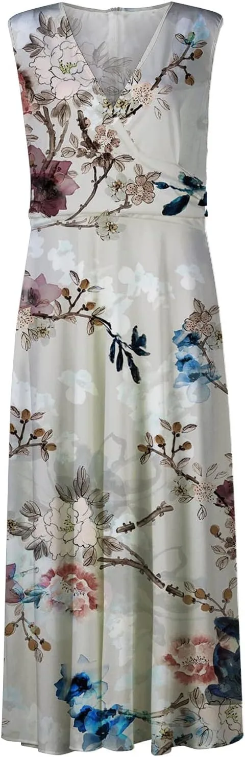 Beach Dresses for Women Summer Trendy Elegant V Neck Wrap Floral Boho Dress Flowy Ruched Maxi Dress