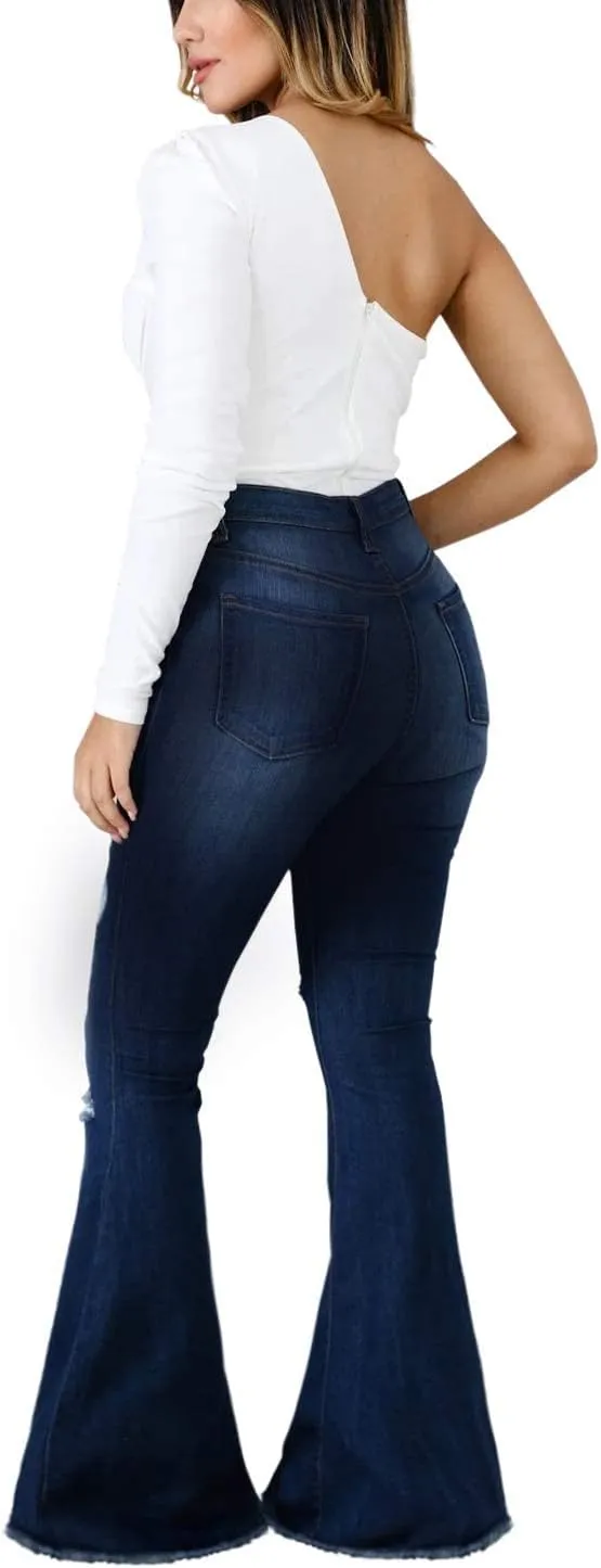 Bell Bottom Jeans for Women High Waisted Stretch Ripped Skinny Hole Classic Raw Hem Denim Flare Pants